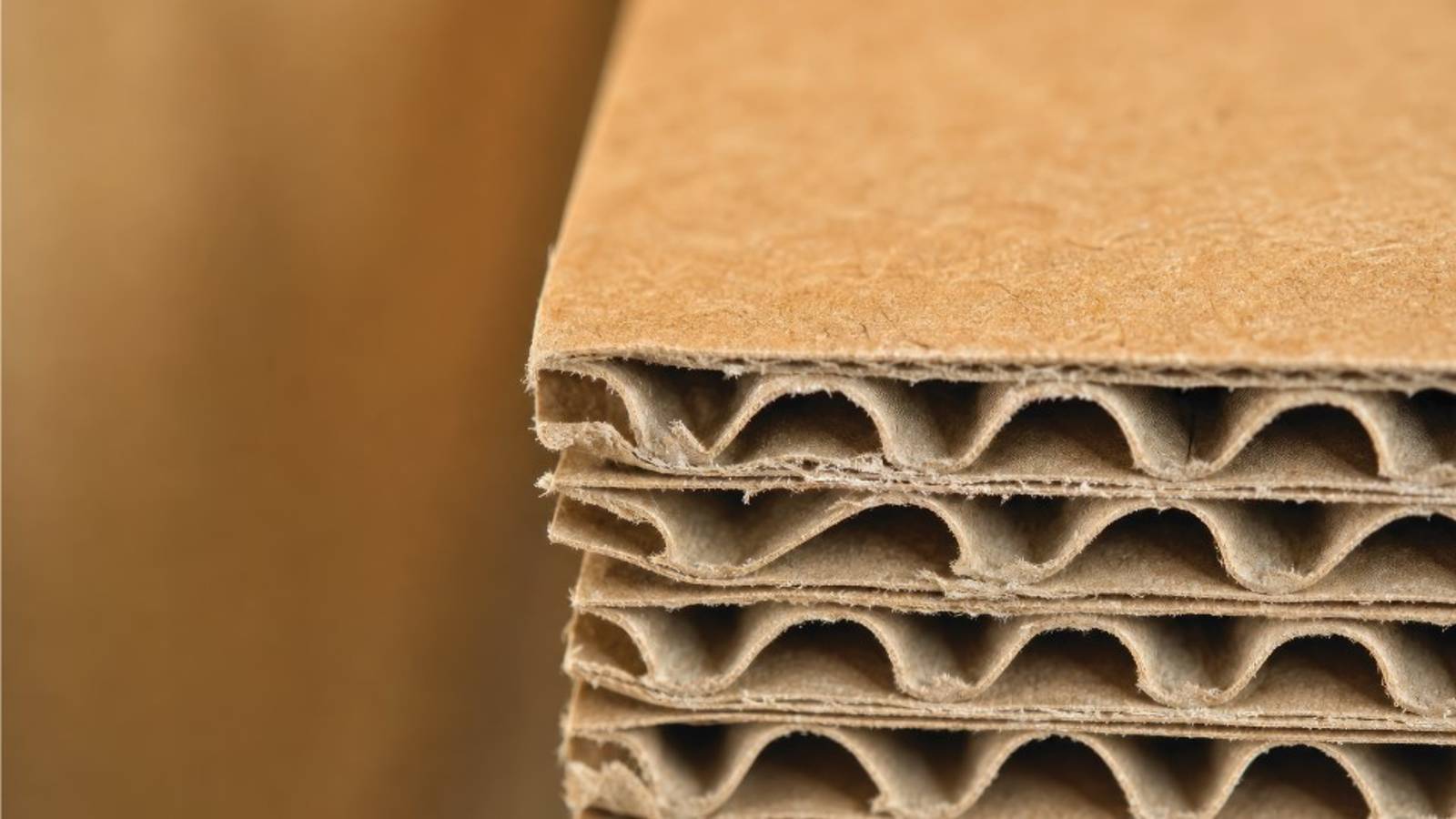 Close-up view of stacked corrugated cardboard sheets, highlighting the fluted inner layers that provide strength and cushioning for sustainable packaging applications.