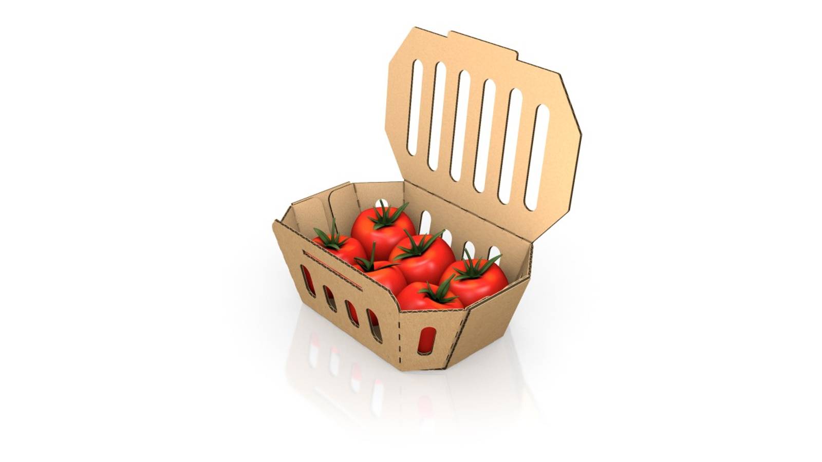 Unbedruckte Wellpappschale, mit geöffnetem Deckel, gefüllt mit Tomaten.