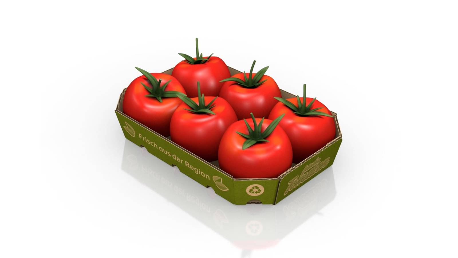 Bedruckte Wellpappschale gefüllt mit Tomaten.