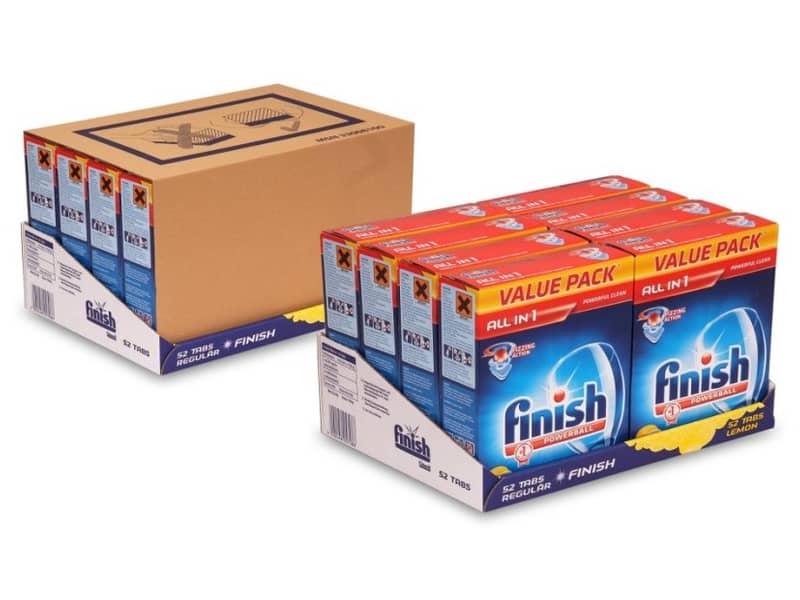Eine gefüllte Regalverpackung mit Produkten von Finish.