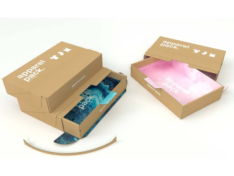 Zwei geöffnete Verpackungen aus Wellpappe für den Onlineversand mit buntem Innendruck.