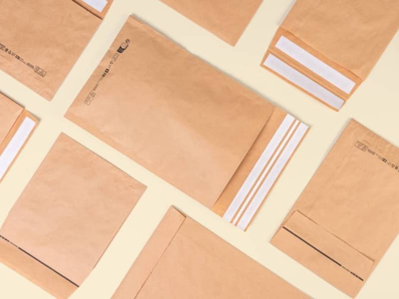 Papier-Versandtaschen auf einem gelben Hintergrund.