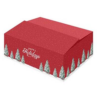 Een rode kerstdoos met bomen en een vrolijke kerstboodschap, die een feestelijke sfeer uitstraalt.