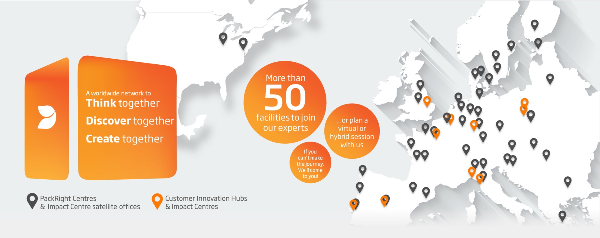 Übersichtskarte der DS Smith PackRight Center, Impact Center Satellitenbüros sowie Customer Innovation Hubs und Impact Center