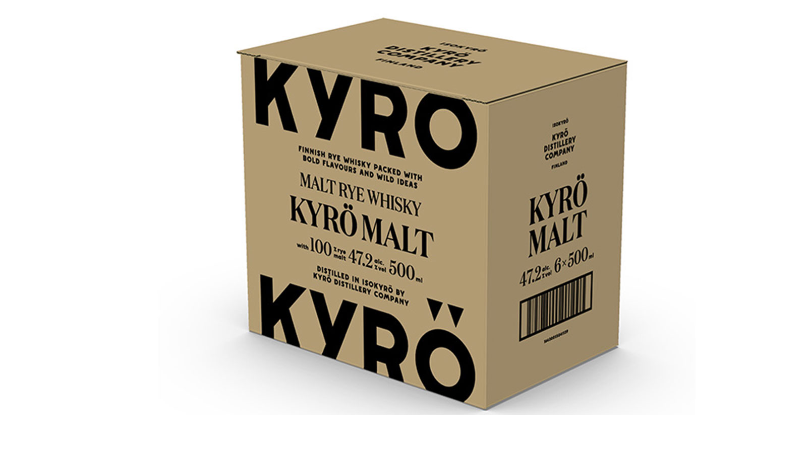 Pahvilaatikko Kyrö Distilleryn viskipulloille