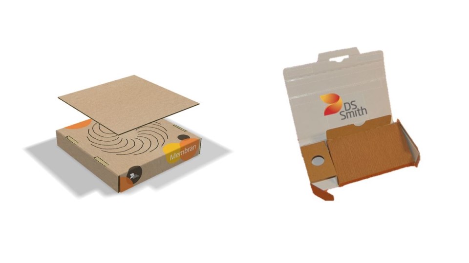 Zwei kleine Wellpappverpackungen mit Fixierelement im DS Smith Design.