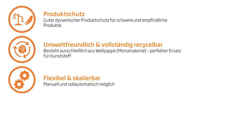 Produktschutz: guter dynamischer Produktschutz für schwere und empfindliche Produkte; Umweltfreundlich & vollständig recycelbar: besteht ausschließlich aus Wellpappe - perfekter Ersatz für Kunststoff; Flexibel l& skalierbar: manuell und vollautomatisch möglich