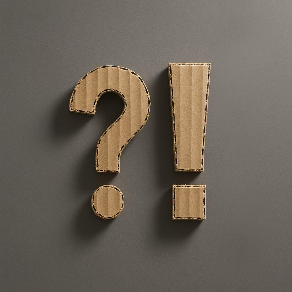 Udråbstegn og spørgsmålstegn i bølgepap på grå baggrund