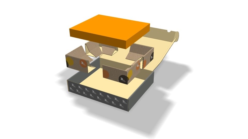 Die Einzelteile einer Verpackung werden dargestellt mit einem viereckigen orangen Produkt ganz oben, vier braunen Schutzecken in der Mitte und einer einteiligen Verpackung ganz unten mit grauem Außendruck.