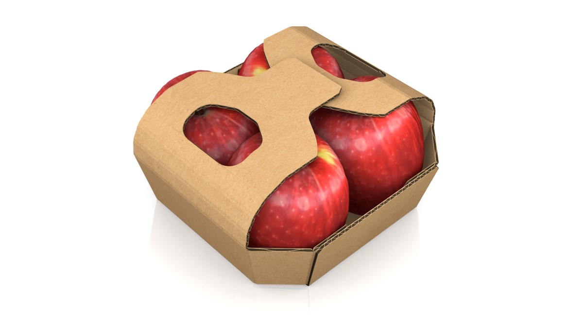 Wellpappschale gefüllt mit vier Äpfeln.