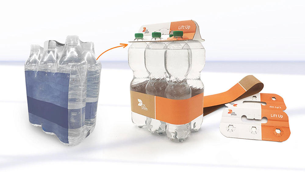 muoviin kääritty pullojen ryhmäpakkaus ja ryhmäpakkaus, jossa ei muovia tarvita