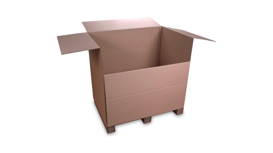 Geöffnete Palettenbox aus Wellpappe.