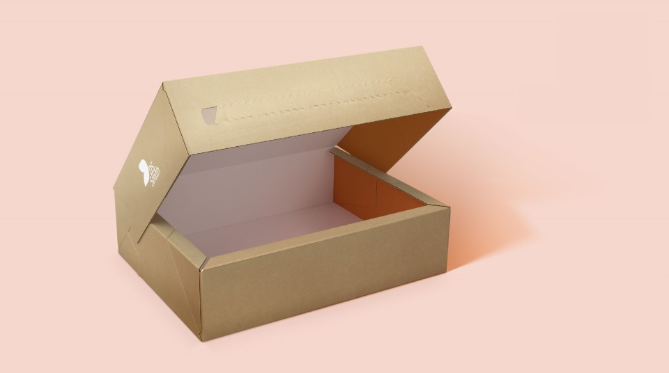 Braune Verpackung mit weißem DS Smith Logo von vorne ist halb geöffnet vor einem rosa Hintergrund.