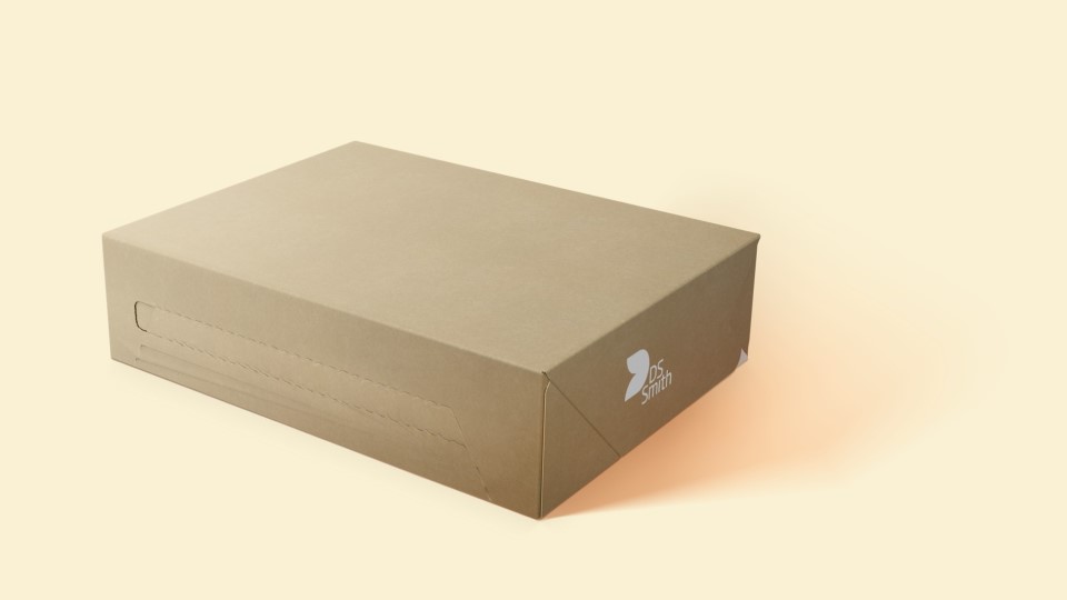 Braune Verpackung mit weißem DS Smith Logo steht geschlossen vor einem gelben Hintergrund.