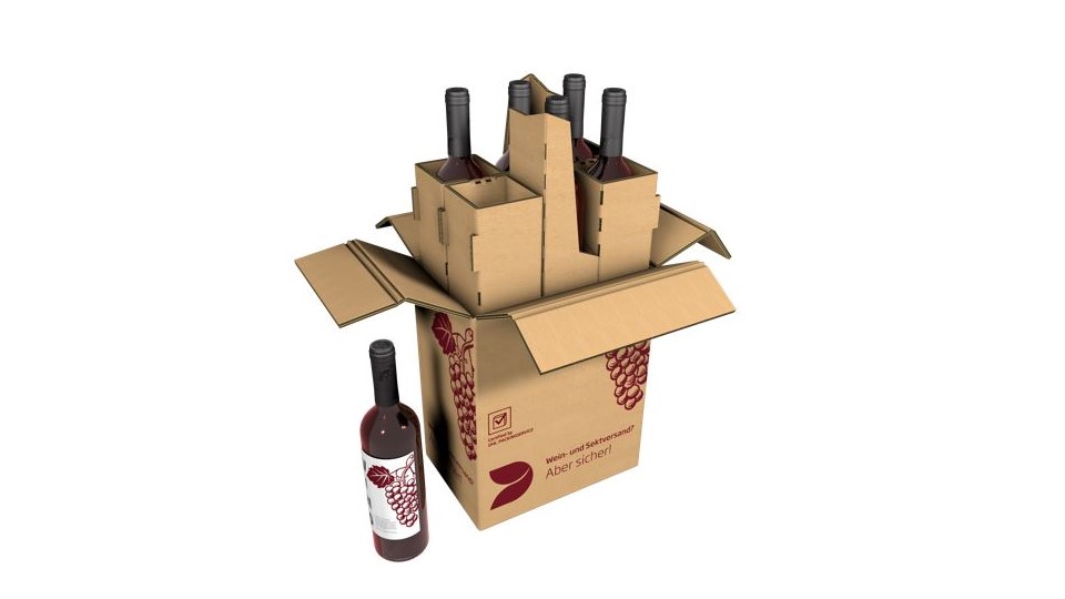 Weinversandverpackung aus Wellpappe mit 6 Flaschen Rotwein.