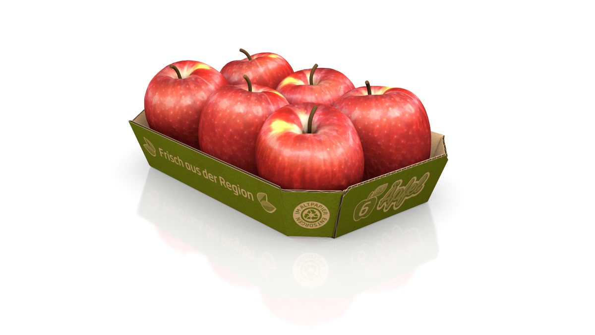 Tray aus Wellpappe gefüllt mit sechs roten Äpfeln.