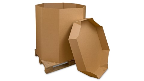 Oktabiner aus Wellpappe geöffnet, mit Deckel nebenan stehend.