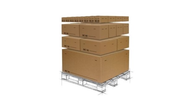 Skizze einer Palette, auf welcher mehrere Verpackungen aus Wellpappe gestapelt sind.