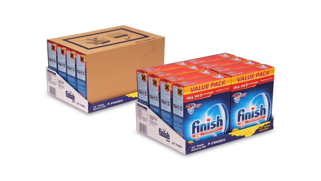 Zwei Trays aus Wellpappe gefüllt mit Verpackungen von "Finish".