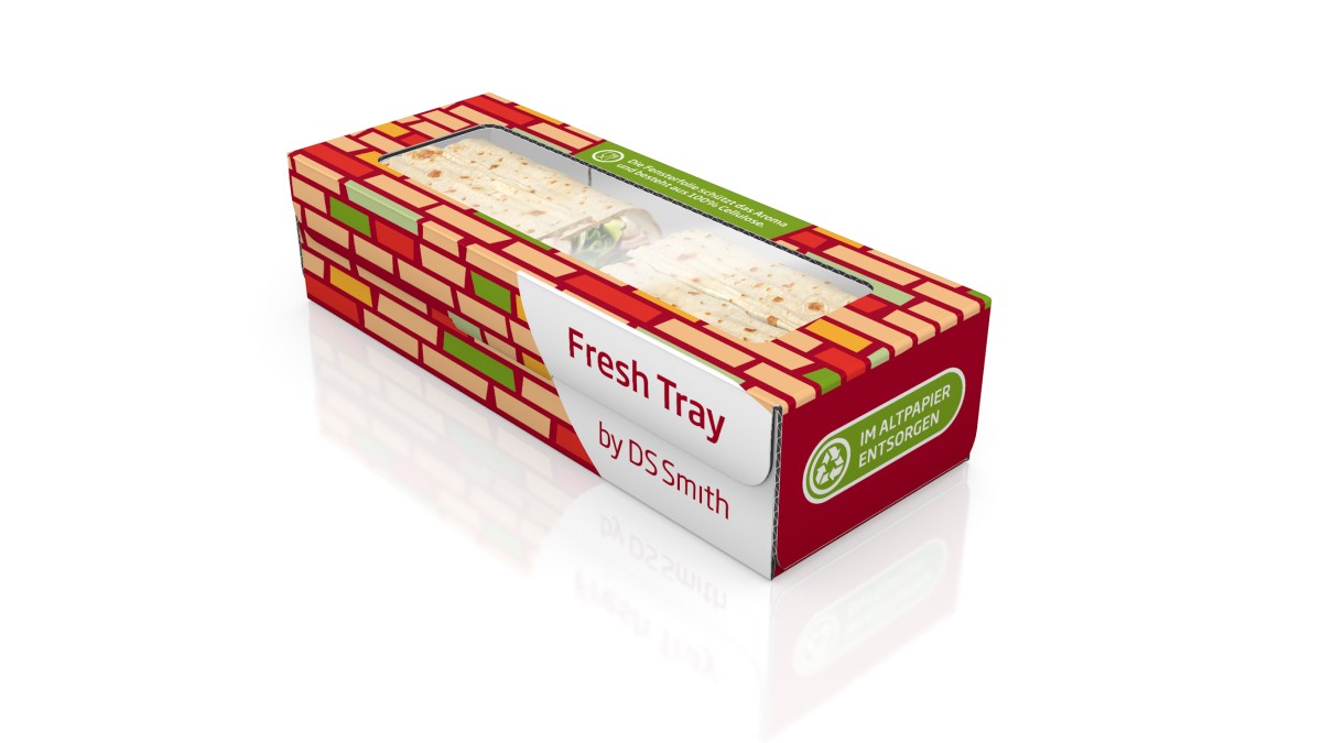 Faserbasierte Lebensmittelverpackung gefüllt mit zwei Wraps.