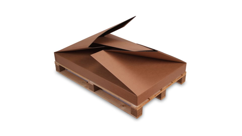 Große Wellpappbox halb zusammengelegt auf einer Palette.