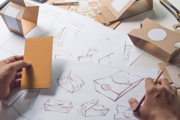 Zwei Hände mit Bleistift und Wellpapp-Muster in der Hand über Skizzen auf einem Tisch.