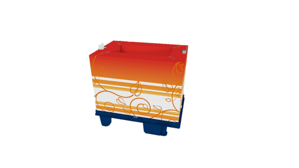 Rot, orange, weiß gemusterter Sockel steht zusammengebaut auf einer blauen Chep-Palette.