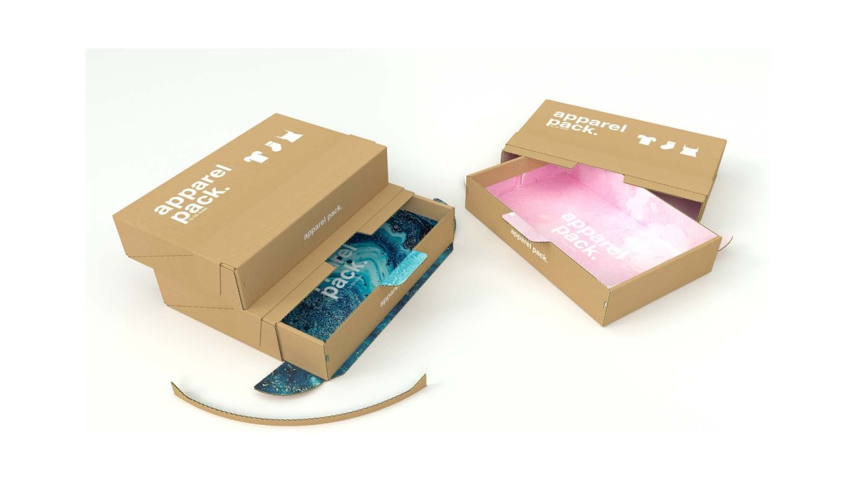 Zwei geöffnete Verpackungen aus Wellpappe mit einem rosa und einem blauen Innendruck.