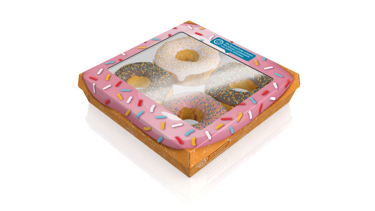 Faserbasierte Lebensmittelverpackung gefüllt mit vier Donuts.