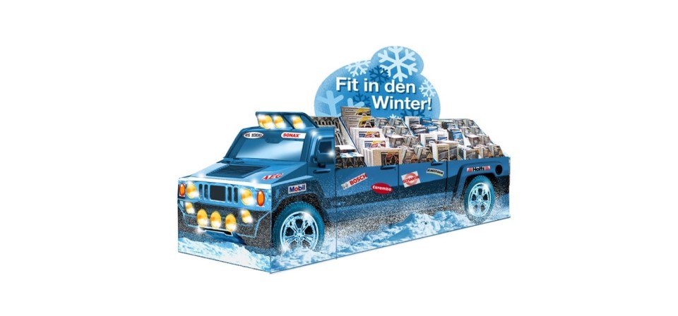 Blaues Display im Autodesign aus Wellpappe