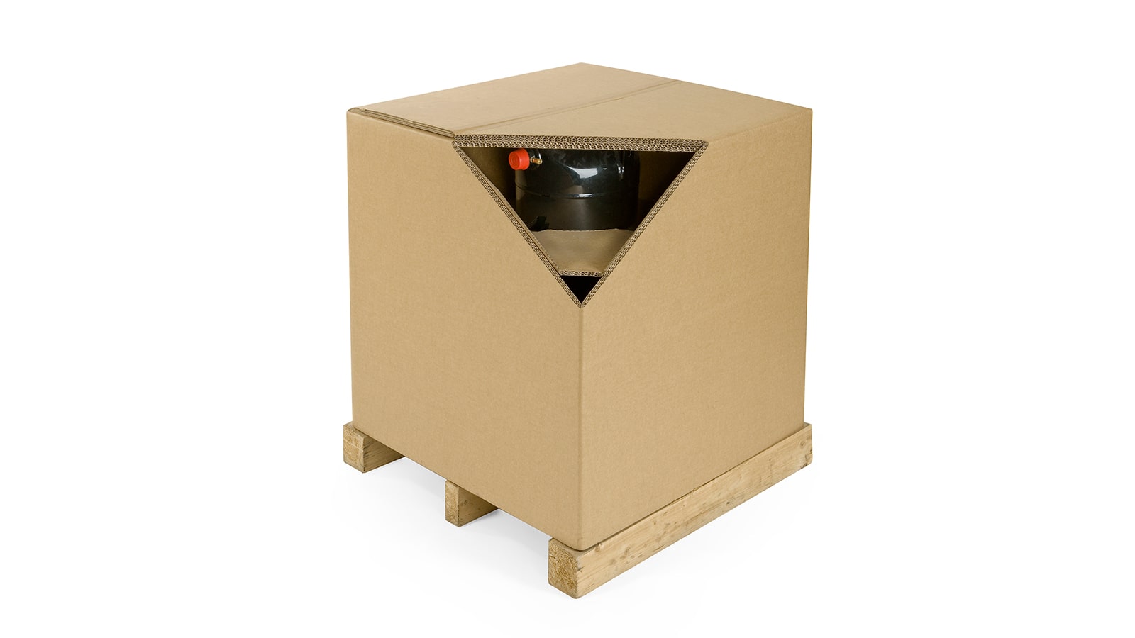 Große Box aus Wellpappe mit geöffnetem Eck gewährt Einsicht ins Innere.