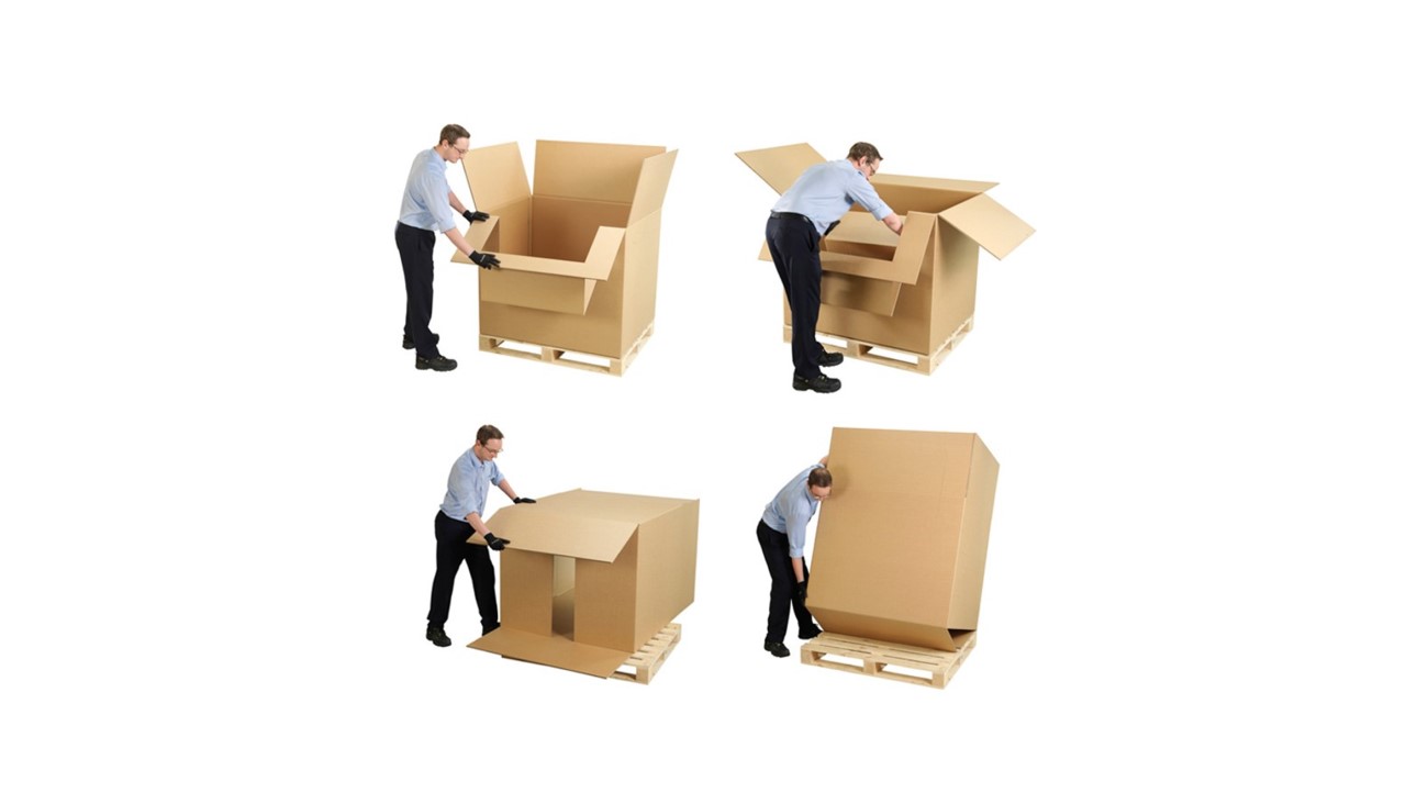 Vier Schritte wie Mann eine große Wellpappbox zusammenbaut.