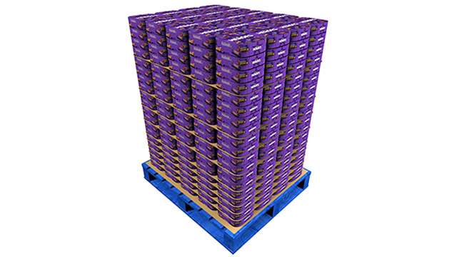 bl&aring; pallet med lilla papkasser med runde hj&oslash;rner stabelt i mange lag