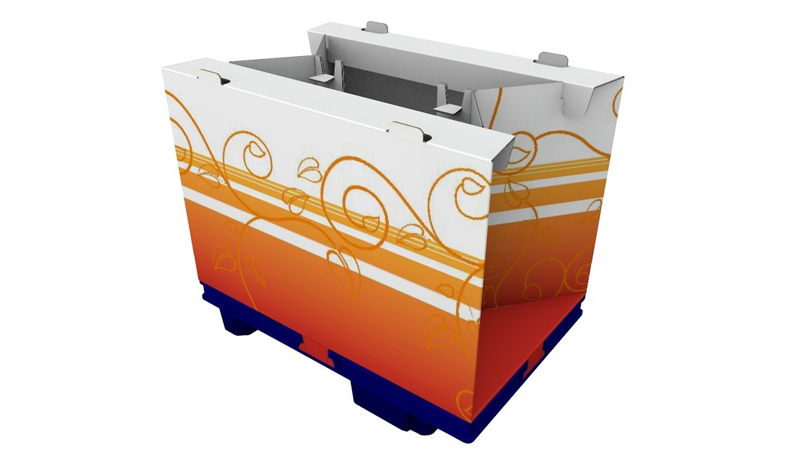 Standard Display Block aus Wellpappe auf einer Chep Palette stehend.