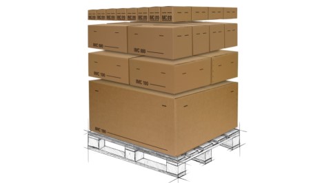 Skizze einer Palette auf welcher mehrere Verpackungen aus Wellpappe gestapelt sind.