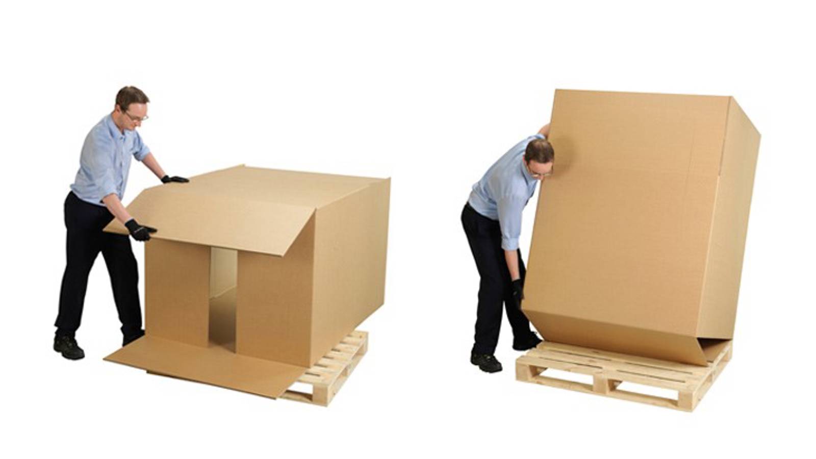 Mann baut eine große Wellpappbox zusammen in zwei Bildern.