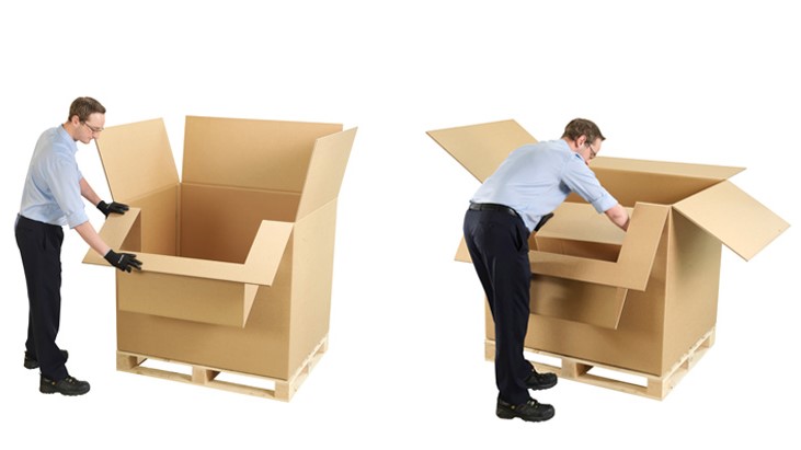 Mann baut eine große Wellpappbox zusammen in zwei Bildern.