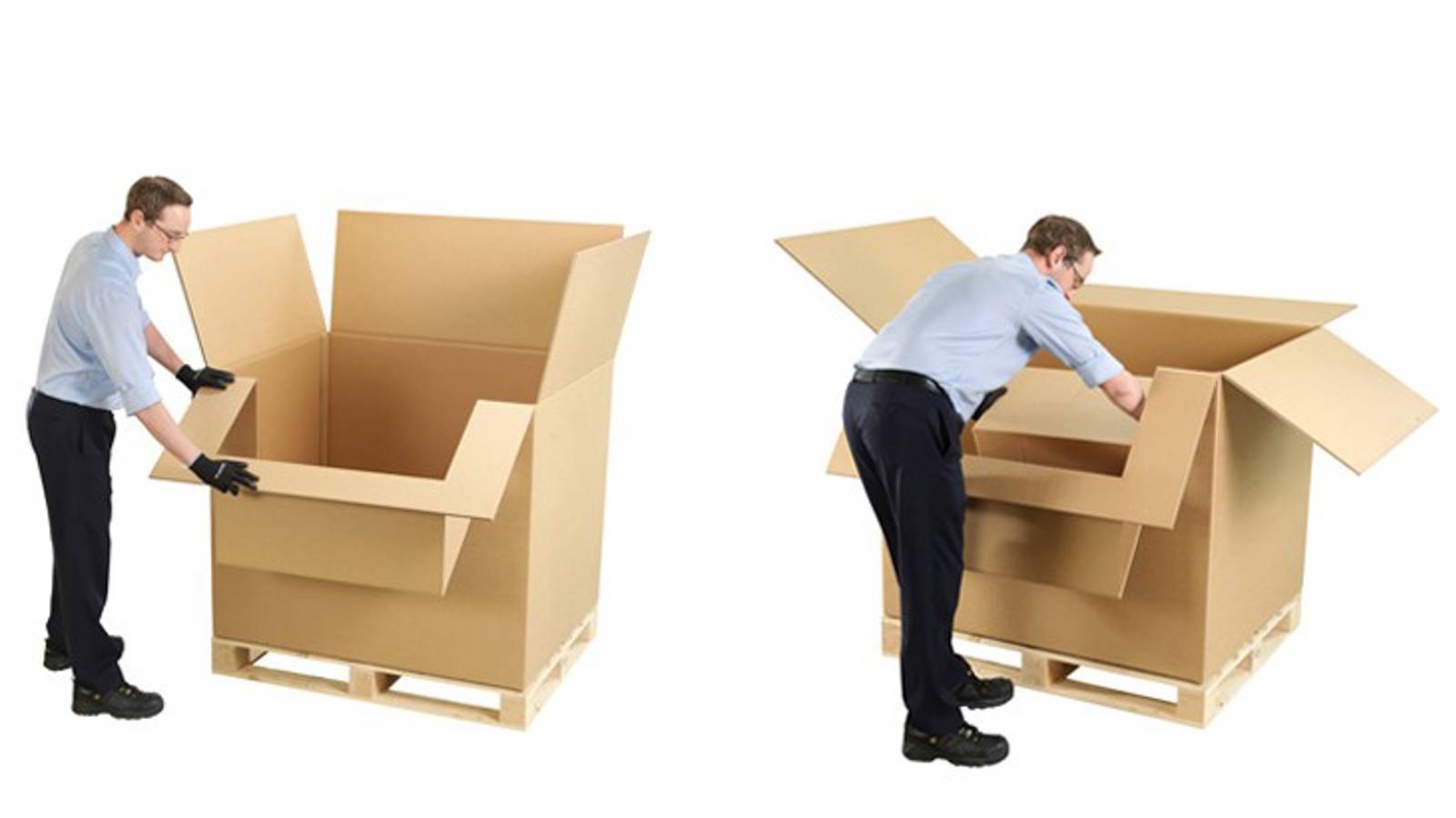 Mann baut eine große Wellpappbox zusammen in zwei Bildern.