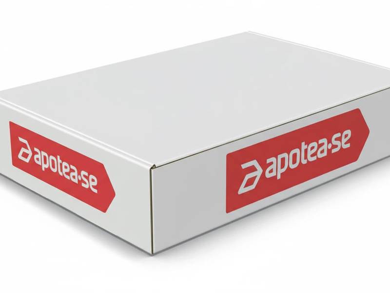 En vit kartongförpackning med Apoteas röda logotyp tryckt på sidan. Lådan är platt och kompakt, utformad för att minimera luft och onödigt emballage.