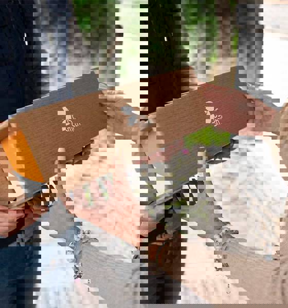 bruine kartonnen verpakking met gekleurde binnenkant en DS Smith logo afgeleverd door pakketdienst bij voordeur