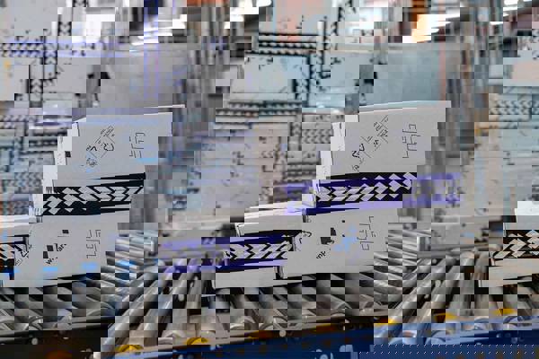 Witte golfkartonnen dozen met blauw logo op rollerbaan