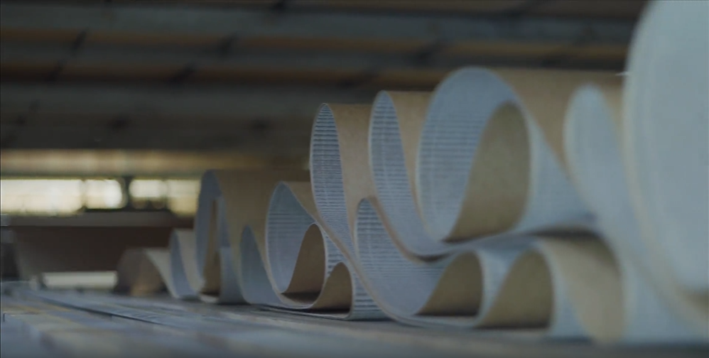 Paper being fed into corrugator to create cardboard